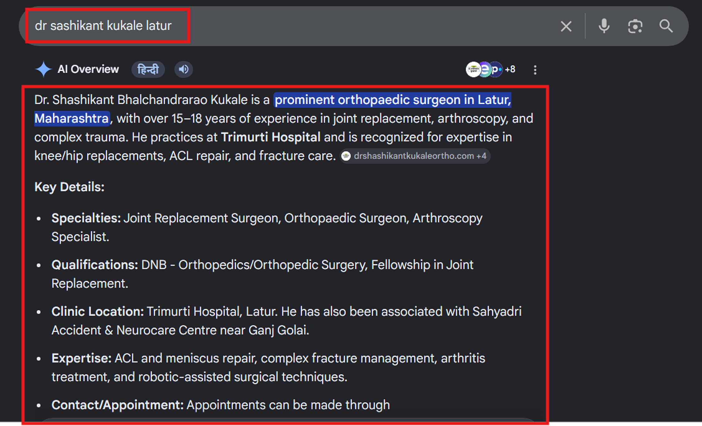 Google AI Overview describing Dr. Shashikant Kukale as a prominent orthopaedic surgeon in Latur